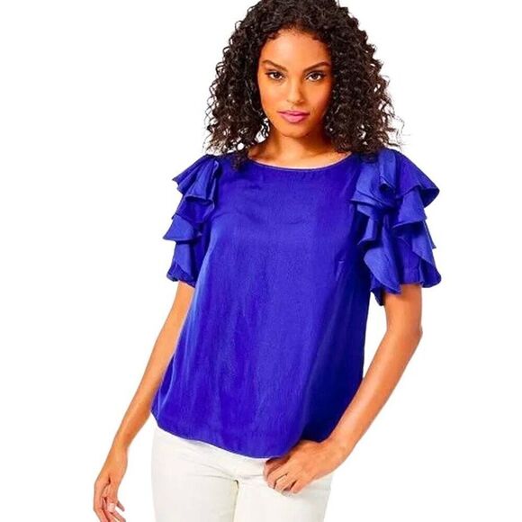 Lilly Pulitzer Ana Top Ruffle Sleeve Blouse Galaxy Blue - Picture 1 of 9